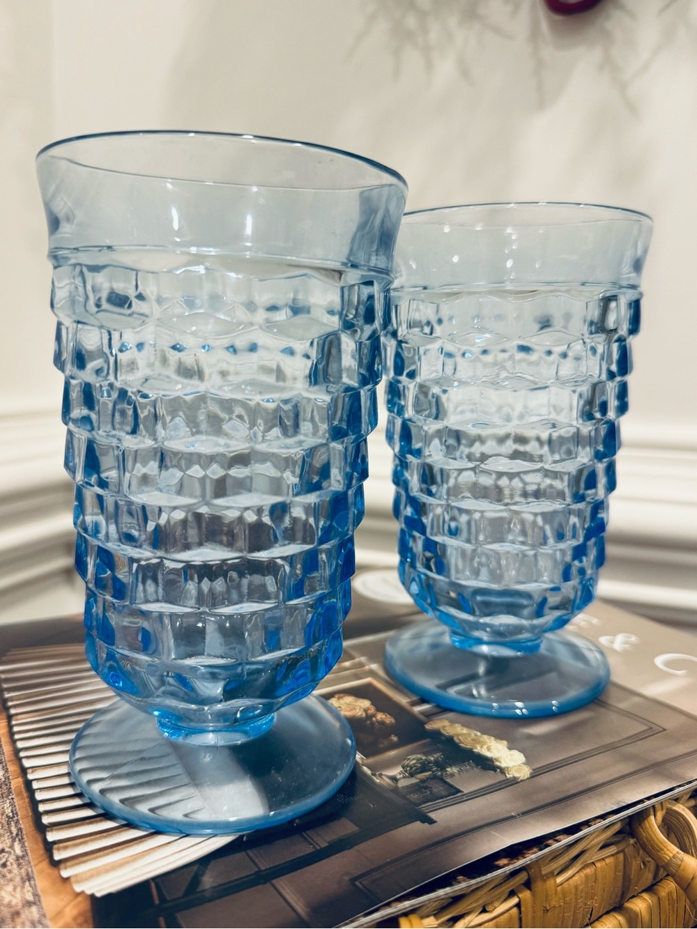 2. Indiana Glass Whitehall Light Blue Cubist 6" Footed Tumbler
Vintage